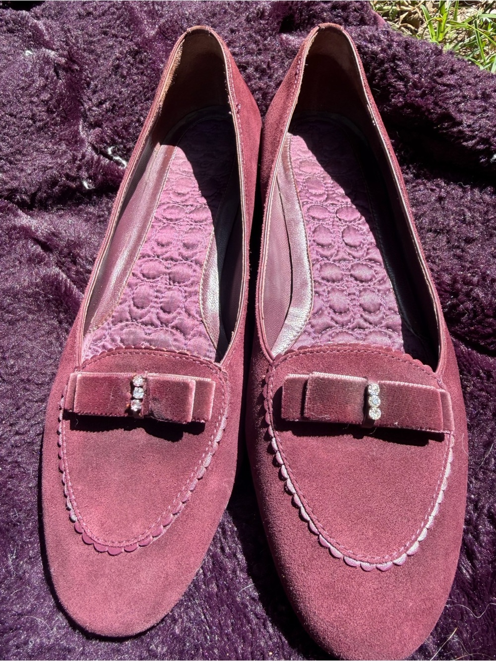 Coach Plum Suede Bow Loafers with Crystal Detail - Picture 3 of 5
